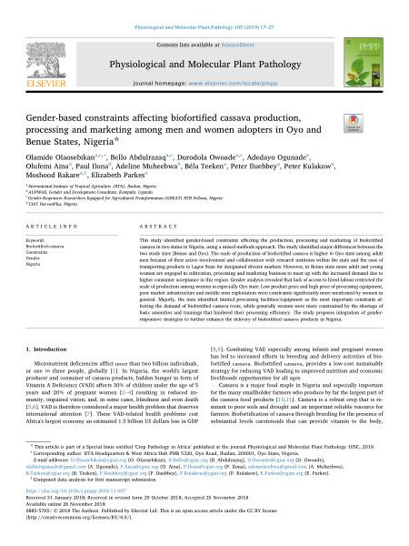 Gender-based constraints affecting biofortified cassava production, processing and marketing among men and women adopters in Oyo and Benue States, Nigeria