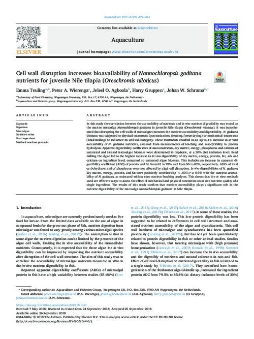 Cell wall disruption increases bioavailability of Nannochloropsis gaditana nutrients for juvenile Nile tilapia (Oreochromis niloticus)