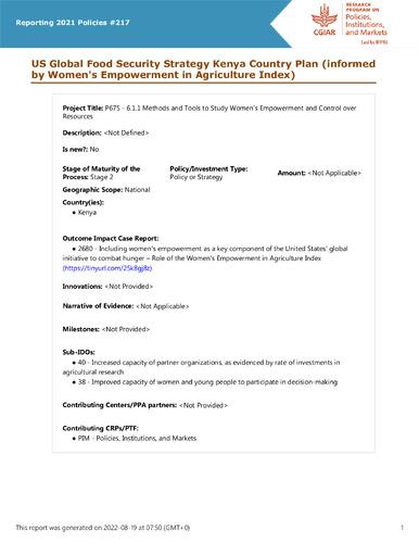 US Global Food Security Strategy Kenya Country Plan (informed by Women's Empowerment in Agriculture Index)