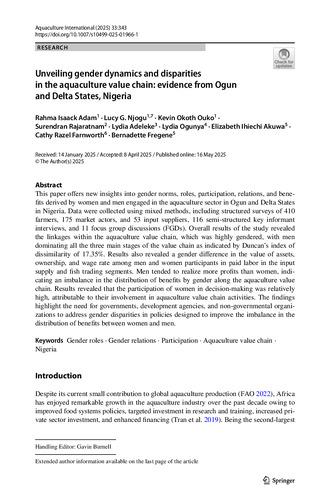 Unveiling gender dynamics and disparities in the aquaculture value chain: evidence from Ogun and Delta States, Nigeria
