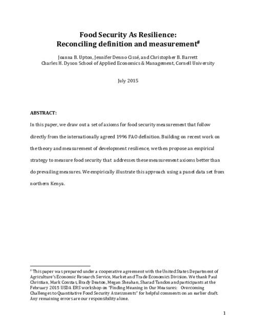 Food Security As Resilience: Reconciling definition and measurement