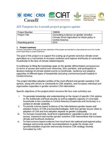 Generating evidence on gender-sensitive climate-smart agriculture to inform policy in Central America: 2019 Project progress update.