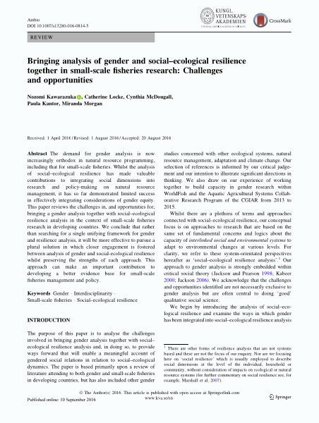 Bringing analysis of gender and social–ecological resilience together in small-scale fisheries research: Challenges and opportunities