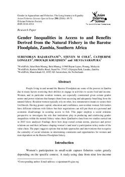 Gender inequalities in access to and benefits derived from the natural fishery in the Barotse Floodplain, Zambia, Southern Africa