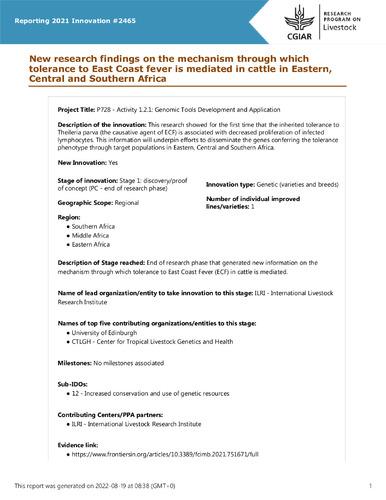 New research findings on the mechanism through which tolerance to East Coast fever is mediated in cattle in Eastern, Central and Southern Africa