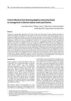 Critical reflections from fostering adaptive community-based, co-management in Solomon Islands' small-scale fisheries