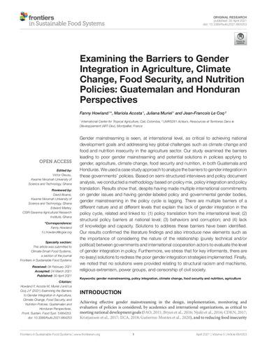 Examining the barriers to gender integration in agriculture, climate change, food security, and nutrition policies: Guatemalan and Honduran perspectives