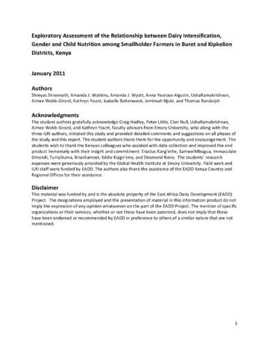 Exploratory assessment of the relationship between dairy intensification, gender and child nutrition among smallholder farmers in Buret and Kipkelion Districts, Kenya