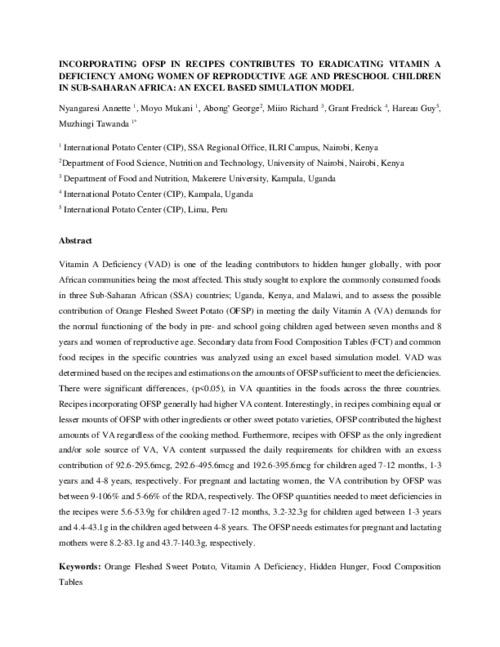 Incorporating OFSP in Recipes Contributes to Eradicating Vitamin A Deficiency among Women of Reproductive Age and Preschool Children in Sub-Saharan Africa: an Excel based Simulation Model