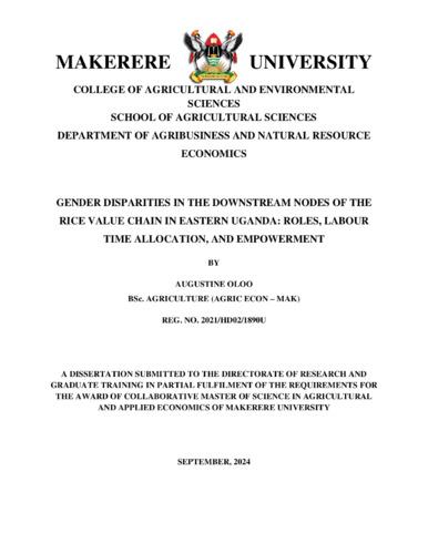 Gender disparities in the downstream nodes of the rice value chain in Eastern Uganda: Roles, labour, time allocation, and empowerment