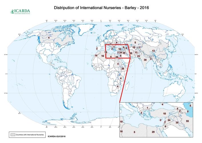 Distrubution of International Nurseries - Barley - 2016