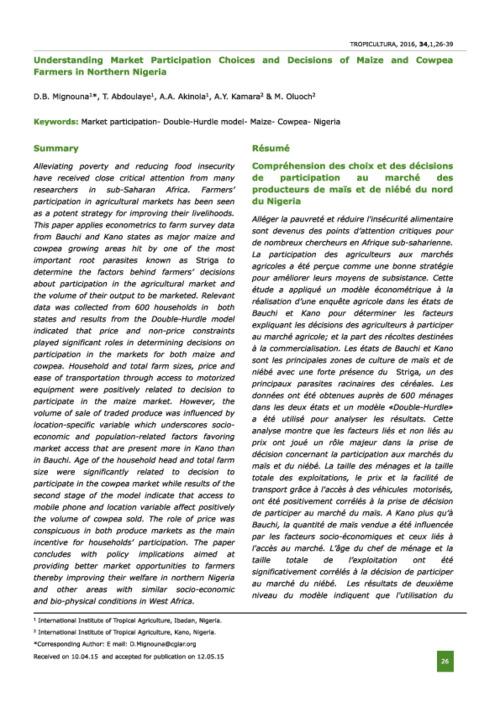 Understanding market participation choices and decisions of maize and cowpea farmers in northern Nigeria