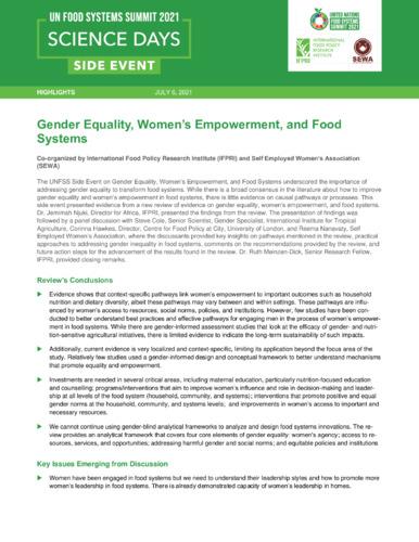 UNFSS Science Days Side Event: Gender equality, women’s empowerment, and food systems