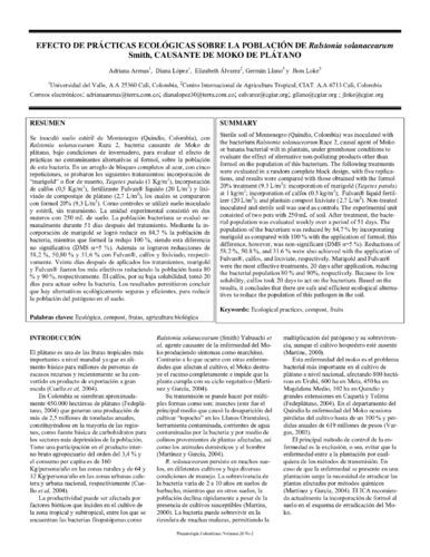 Efecto de prácticas ecológicas sobre la población de Ralstonia solanacearum Smith, causante de moko de plátano
