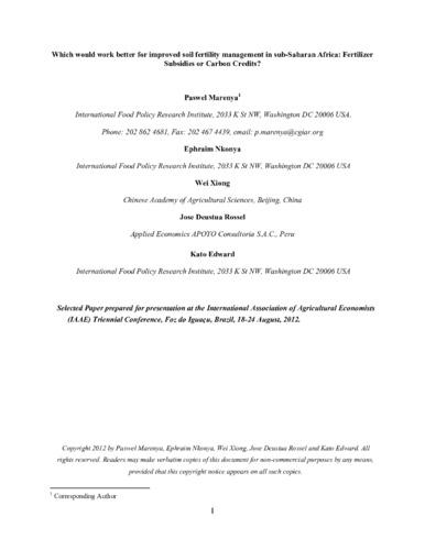 Which would work better for improved soil fertility management in sub-Saharan Africa: Fertilizer Subsidies or Carbon Credits?