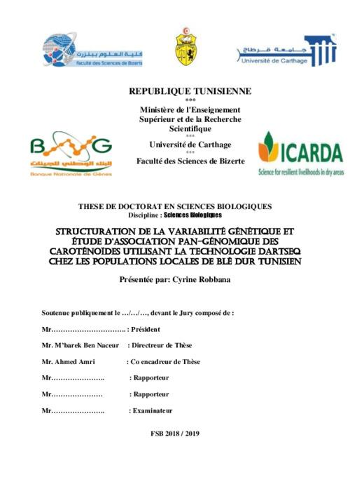 Structuration de la variabilité génétique et étude d’association pan-génomique des caroténoïdes utilisant la technologie DArTseq chez les populations locales de blé dur Tunisien