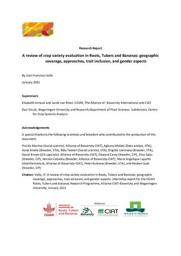 A review of crop variety evaluation in Roots, Tubers and Bananas: geographic coverage, approaches, trait inclusion, and gender aspects