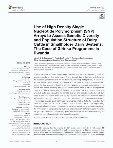 Use of high density single nucleotide polymorphism (SNP) arrays to assess genetic diversity and population structure of dairy cattle in smallholder dairy systems: The case of Girinka Programme in Rwanda