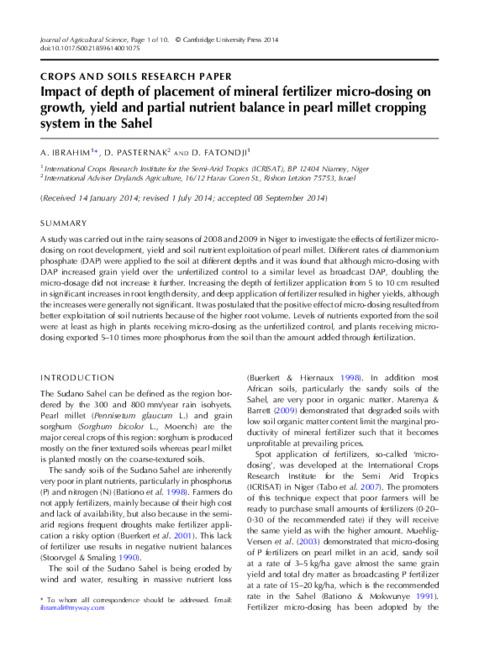 Impact of depth of placement of mineral fertilizer micro-dosing on growth, yield and partial nutrient balance in pearl millet cropping system in the Sahel