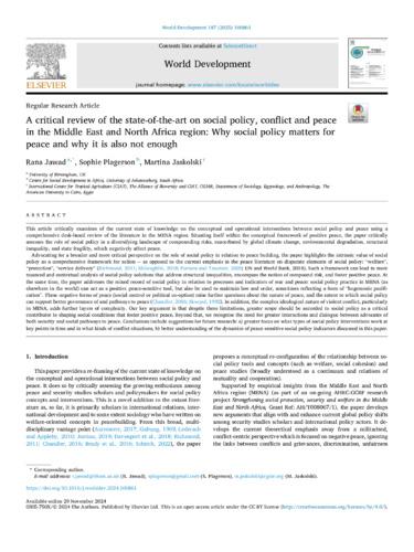 A critical review of the state-of-the-art on social policy, conflict and peace in the Middle East and North Africa region: Why social policy matters for peace and why it is also not enough