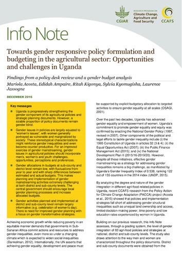 Towards gender responsive policy formulation and budgeting in the agricultural sector: Opportunities and challenges in Uganda