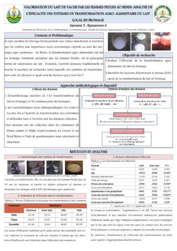 Valorisation du lait de vache par les femmes peulhs au benin: Analyse de l’efficacite des systemes de transformation agro-alimentaire du lait local en fromage