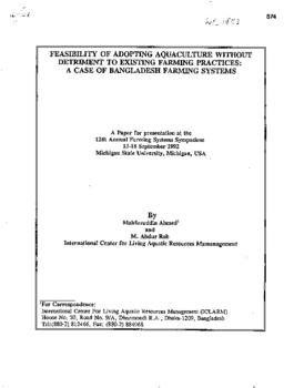 Feasibility of adopting aquaculture without detriment to existing farming practices: a case of Bangladesh farming systems