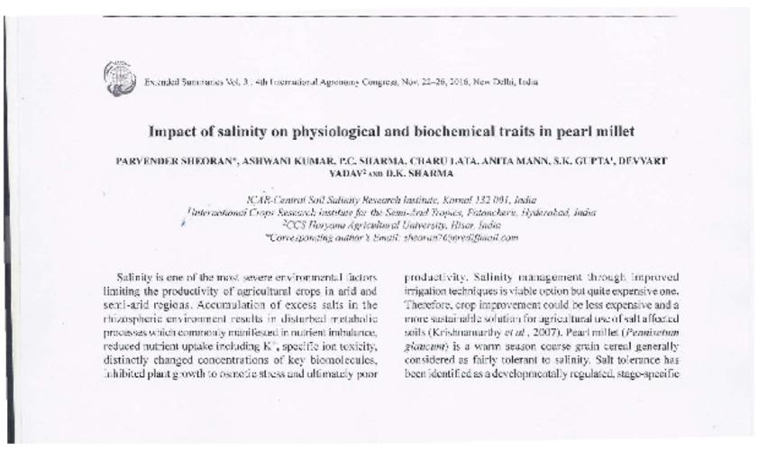 Impact of salinity on physiological and biochemical traits in pearl millet