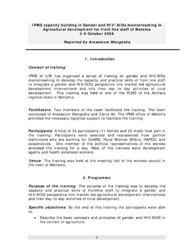 Report of the IPMS capacity building workshop on gender and HIV/AIDS mainstreaming in agricultural development for frontline staff, Metema PLW, 3-9 October 2008