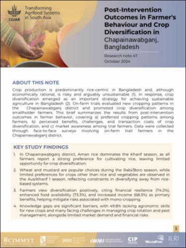 Post-intervention outcomes in farmer's behaviour and crop diversification in Chapainawabganj, Bangladesh