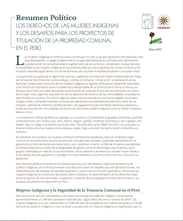 Los derechos de las mujeres ind�genas y los desaf�os para los proyectos de titulaci�n de la propiedad comunal en el Per�: Resumen Pol�tico