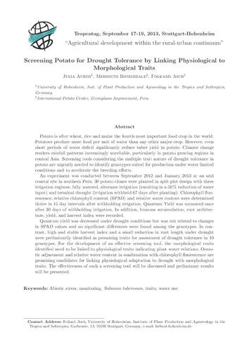 Screening potato for drought tolerance by linking physiological to morphological traits.