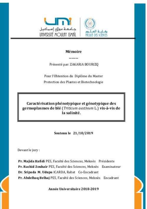 Caractérisation phénotypique et génotypique des germoplasmes de blé (Triticum aestivum L.) vis-à-vis de la salinité