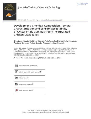 Development, Chemical Composition, Textural Characterization and Sensory Acceptability of Oyster or Big Cup Mushroom Incorporated Chicken Meatloaves