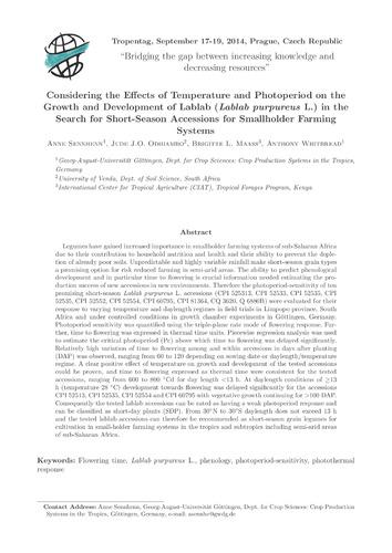 Considering the effects of temperature and photoperiod on the growth and development of lablab (Lablab Purpureus L.) in the search for short-season accessions for smallholder farming systems