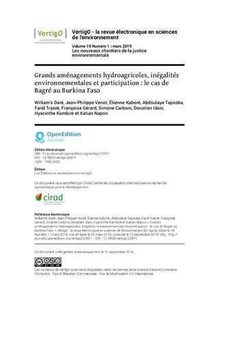 Grands aménagements hydroagricoles, inégalités environnementales et participation : le cas de Bagré au Burkina Faso. [Large hydroagricultural developments, inequalities environmental and participation: the case of Bagré in Burkina Faso ]