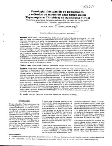 Fenología, fluctuación de poblaciones y métodos de muestreo para Thrips palmi (Thysanoptera: Thripidae) en habichuela y frijol = Phenology, population dynamics and sampling methods for Thrips palmi (Thysanoptera: Thripidae) on snap beans and beans