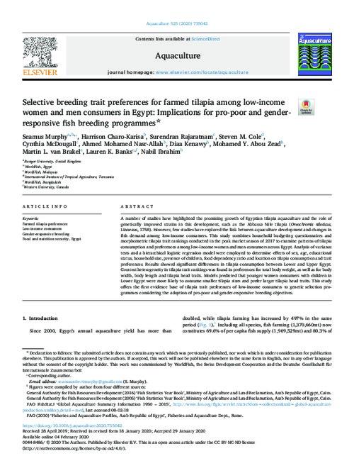 Selective breeding trait preferences for farmed tilapia among low-income women and men consumers in Egypt; Implications for pro-poor and gender-responsive fish breeding programmes