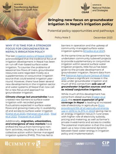 Bringing new focus on groundwater irrigation in Nepal’s irrigation policy: Potential policy opportunities and pathways