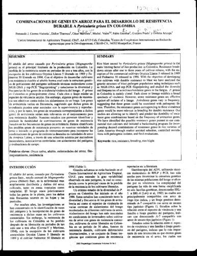 Combinaciones de genes en arroz para el desarrollo de resistencia durable a Pyricularia grisea en Colombia