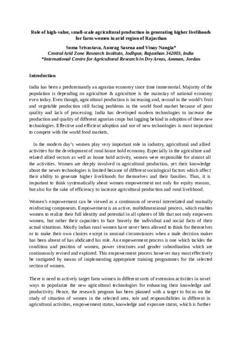 Role of high-value, small-scale agricultural production in generating higher livelihoods for farm women in arid region of Rajasthan