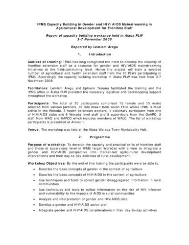 Report of the IPMS capacity building workshop on gender and HIV/AIDS mainstreaming in agricultural development for frontline staff, Alaba PLW, 3-7 November 2008