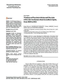 Virulence of Puccinia triticina and Puccinia tritici-duri on durum wheat in southern Spain, from 2020 to 2022