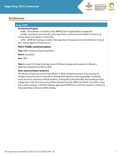 Inclusion of Climate Smart Agriculture (CSA) technologies and investment in Bhutan's Agricultural Development Plan to 2040