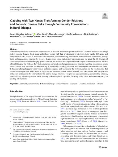 Clapping with Two Hands: Transforming Gender Relations and Zoonotic Disease Risks through Community Conversations in Rural Ethiopia