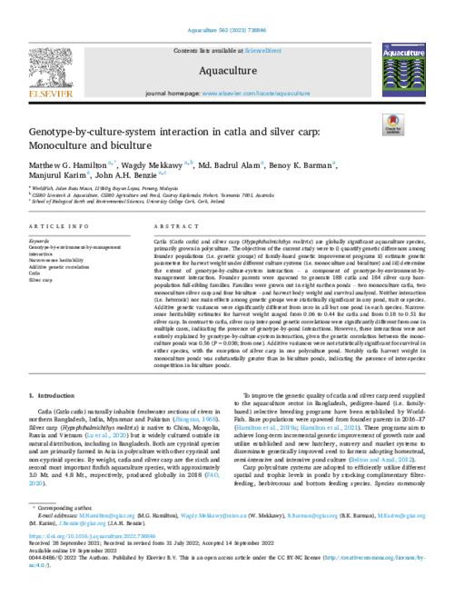 Genotype-by-culture-system interaction in catla and silver carp: Monoculture and biculture