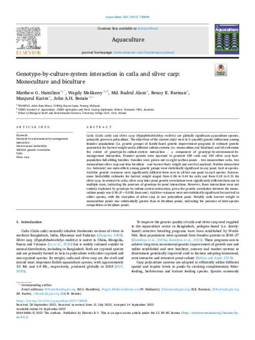 Genotype-by-culture-system interaction in catla and silver carp: Monoculture and biculture