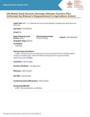 US Global Food Security Strategy Ethiopia Country Plan (informed by Women's Empowerment in Agriculture Index)