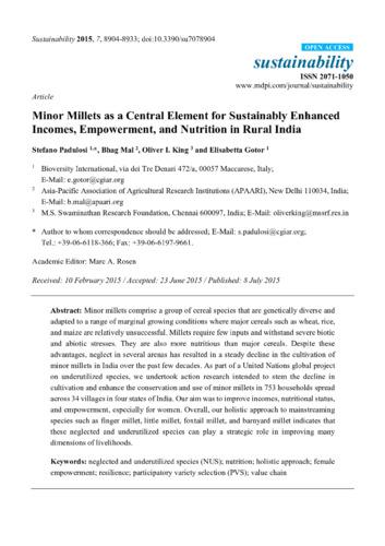 Minor millets as a central element for sustainably enhanced incomes, empowerment, and nutrition in rural India