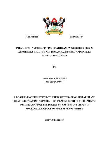 Prevalence and genotyping of African swine fever virus in apparently healthy pigs in Masaka, Mukono and Kamuli Districts in Uganda